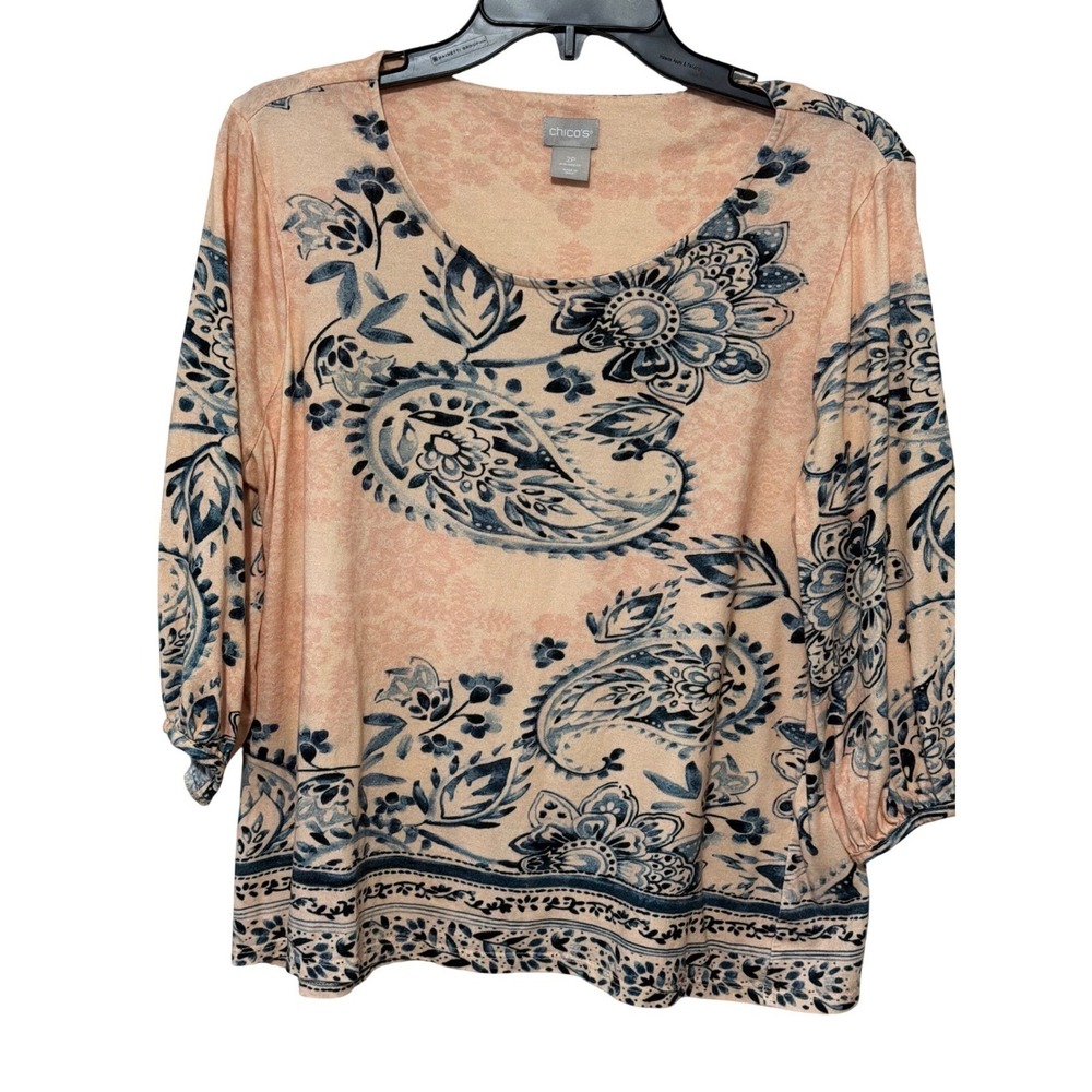Chico's Petite Peach Blue Paisley Floral 3/4 Sleeve Knit Top LP 2P 570265455